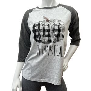 Thanksgiving Plaid pumpkin, Fall Halloween 3/4 sleeve Gray top size S